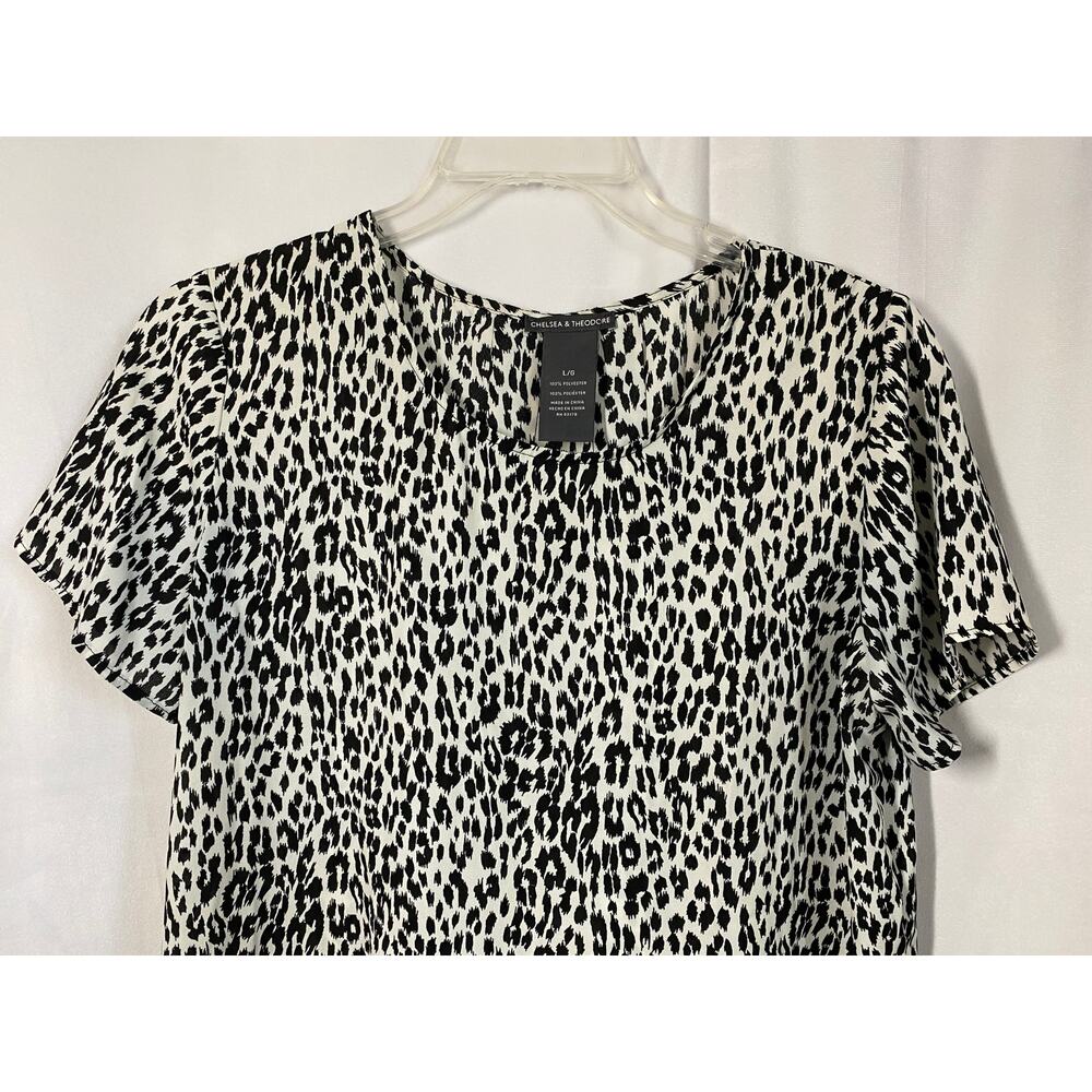 Chelsea & Theodore Black & White Animal Print Short Sleeve Blouse Top Large - Picture 2 of 6